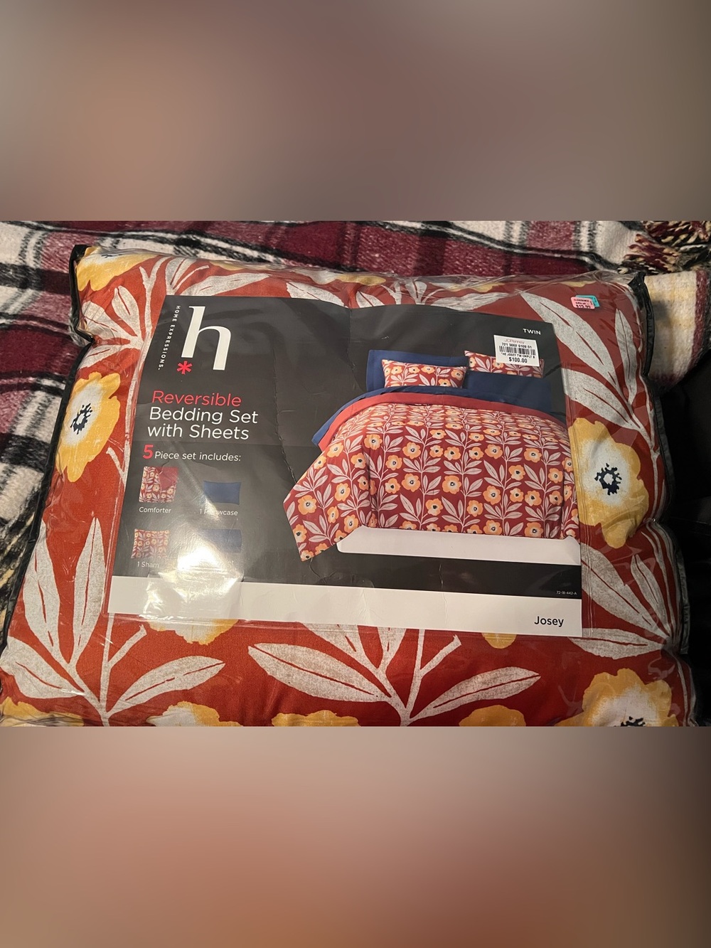 Home Expressions Reversible Red Floral Comforter Set with Navy Accents